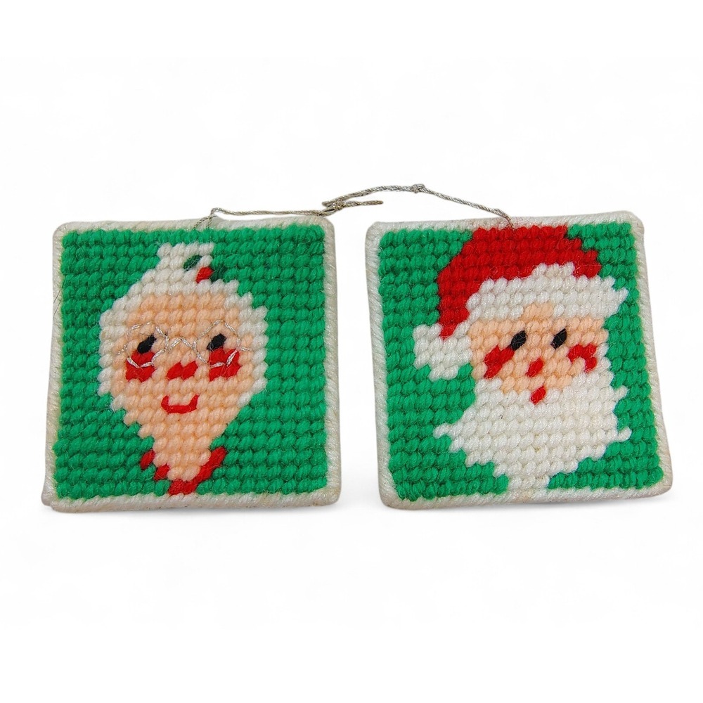 1980s Christmas Ornament Set Needlepoint Santa Mrs Claus Handmade Plastic Canvas